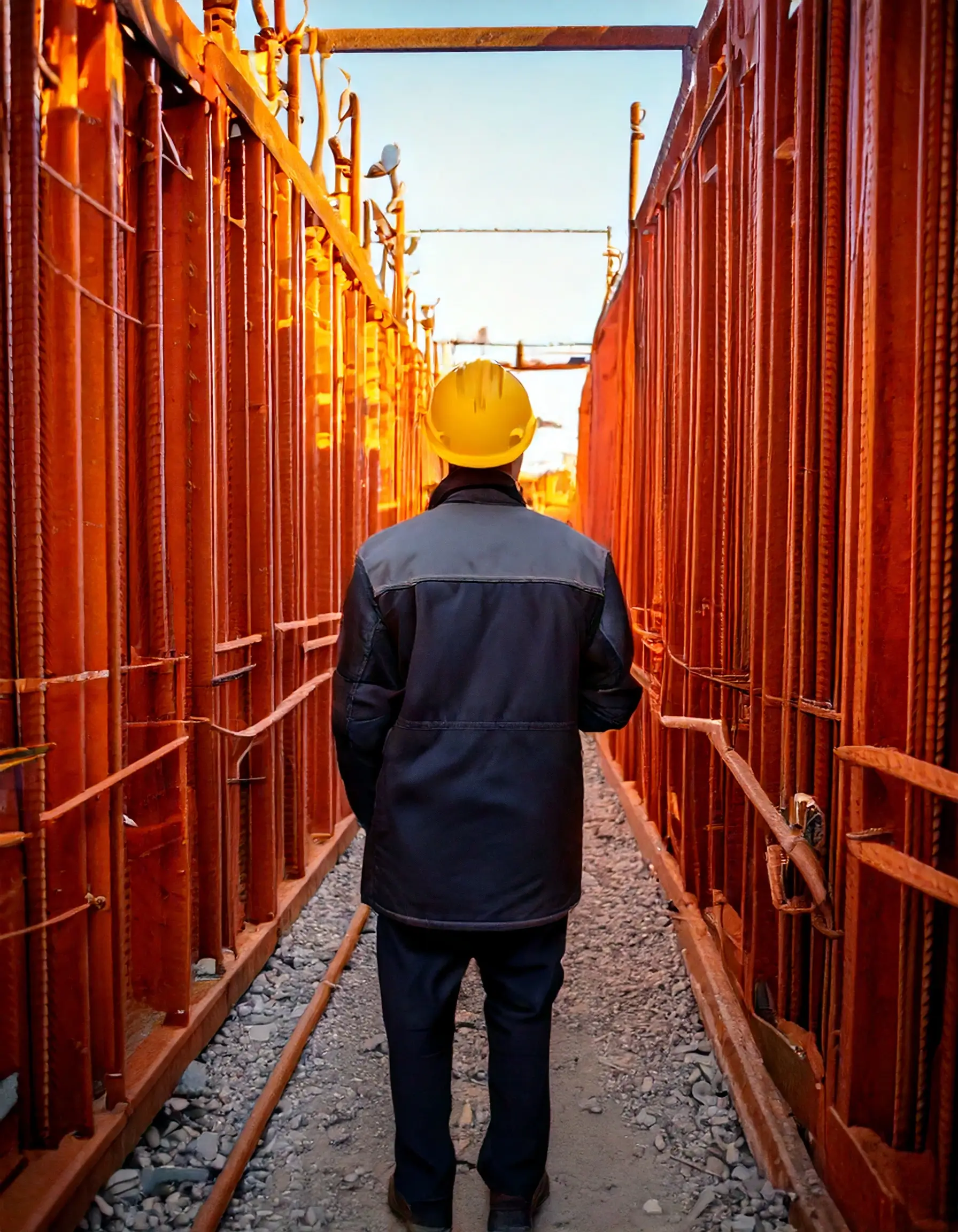 Firefly metal worker moroccan guy with yellow construction hat from back with thick orange metal fra (1)